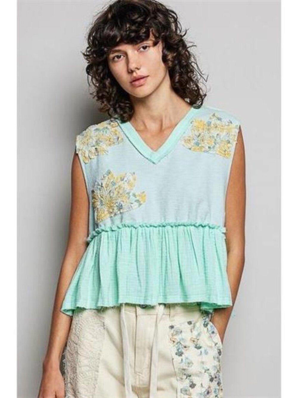 POL Floral Patch Ruffled Sleeveless Top with Raw Edge Detail